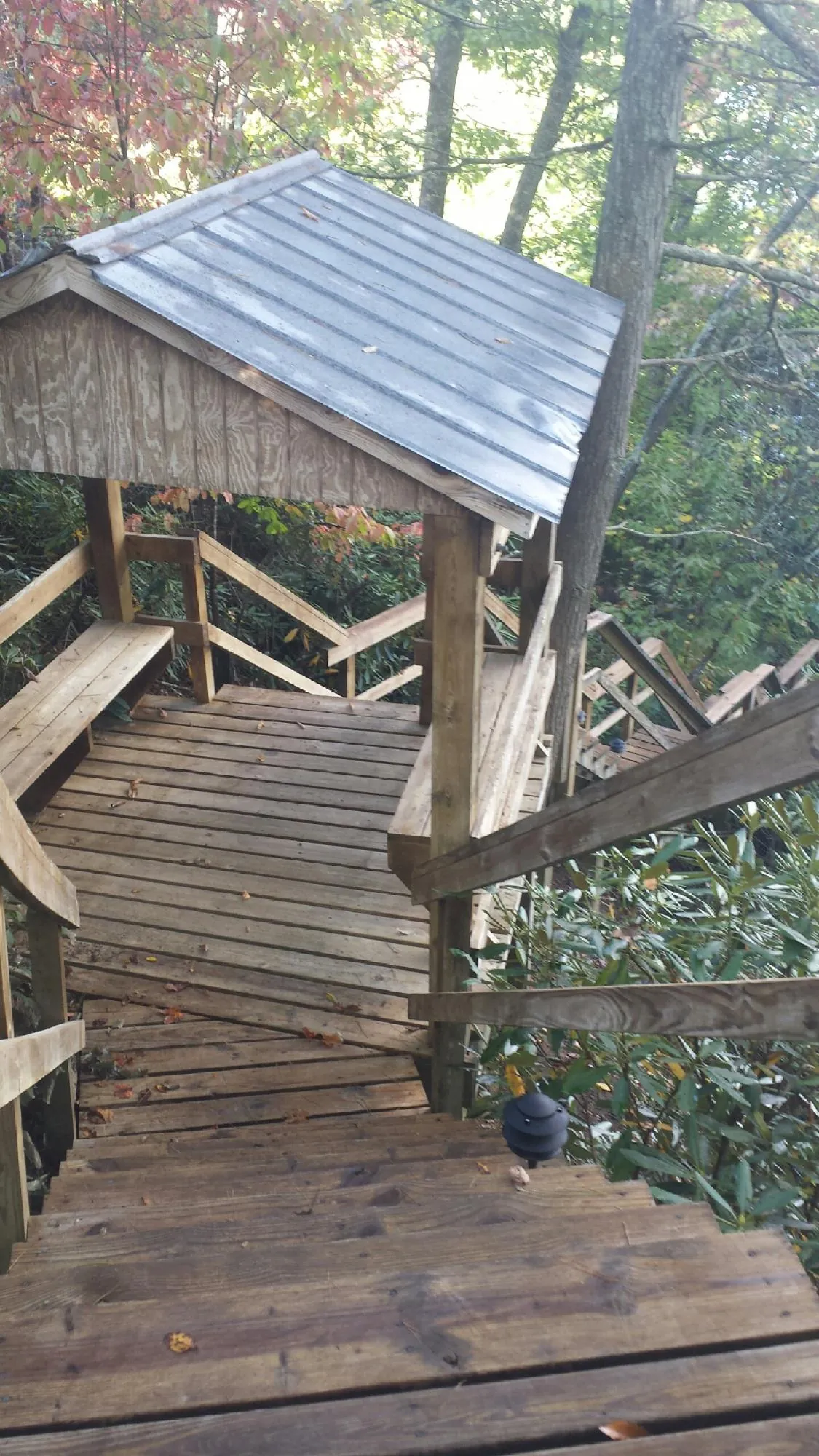 Metal roofed shelter over wooden steps on a wooded walkway — Skylight Repair & Installation work by our crew in Bolivar